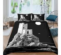 CTJQHVKZ 3D Printed Moonlit Castle Fitted Sheet Microfiber Black White Night Fortress Bed Cover for Bedroom Guest Room Decor Single（135x200cm）