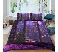 CTJQHVKZ 3D Printed Neon Cityscape Fitted Sheet Microfiber Soft Purple Urban Night Mattress Cover Bedroom Decor Single（135x200cm）
