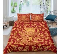 CTJQHVKZ 3D Printed Red Gold Dragon Fitted Sheet Microfiber Anti-Slip Chinese Pattern Bed Cover for Bedroom Guestroom Decor Single（135x200cm）