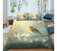 CTJQHVKZ 3D Printed Robin Bird Fitted Sheet Microfiber Soft Green Branch Blossom Mattress Cover Easy Care Bedroom Decor Single（135x200cm）