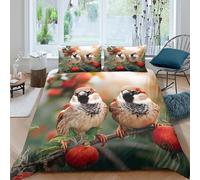 CTJQHVKZ 3D Printed Sparrow Birds Fitted Sheet Microfiber Soft Anti-Slip Red Berry Bed Sheet Bedroom Decor Mattress Cover Single（135x200cm）