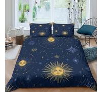 CTJQHVKZ 3D Printed Sun Moon Star Fitted Sheet Microfiber Deep Blue Celestial Mattress Cover Bedroom Decor Anti-Slip Easy Care Single（135x200cm）
