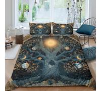 CTJQHVKZ 3D Printed Tree of Life Fitted Sheet Microfiber Soft Dark Blue Moon Sun Mattress Cover Bedroom Decor for Home Guest Room Single（135x200cm）