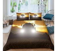 CTJQHVKZ 3D Printed Truck Sunset Fitted Sheet Microfiber Soft Brown Yellow Car Headlights Bed Sheet for Bedroom Decor Single（135x200cm）