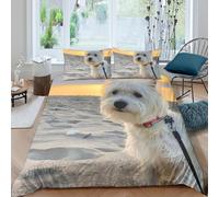 CTJQHVKZ 3D Printed White Dog Beach Fitted Sheet Microfiber Soft Breathable Leash Pattern Bed Cover for Bedroom Guest Room Decor Single（135x200cm）