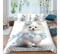 CTJQHVKZ 3D Printed White Pomeranian Dog Fitted Sheet Microfiber Soft Blue Bow Bed Cover for Bedroom Guest Room Decor Single（135x200cm）