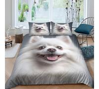 CTJQHVKZ 3D Printed White Pomeranian Dog Fitted Sheet Microfiber Soft Breathable Smiling Pet Bed Cover for Bedroom Guestroom Decor Single（135x200cm）