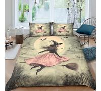 CTJQHVKZ 3D Printed Witch Flying Moon Fitted Sheet Microfiber Soft Halloween Bat Bed Cover Bedroom Mattress Decor Single（135x200cm）