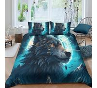 CTJQHVKZ 3D Printed Wolf Moon Fitted Sheet Microfiber Soft Breathable Forest Blue Mattress Cover Bedroom Decor Protection Single（135x200cm）