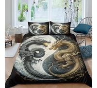 CTJQHVKZ 3D Printed Yin Yang Dragon Fitted Sheet Microfiber Soft Black Gold Chinese Bed Cover for Bedroom Guest Room Decor Single（135x200cm）