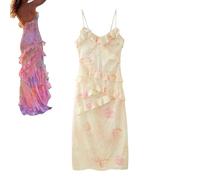 CTLTSRX Summer Sleeveless Beach Dress, Floral Print Ruffle Trim, V-Neck Backless Long Cami Dress (Yellow, S)
