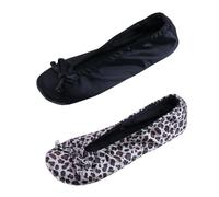 CTM Women's Satin Ballerina Slipper House Shoe (Pack of 2), Black & Leopard