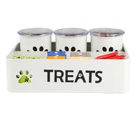 Ctomche Dog Treat Container Set of 3,Dog Treat Storage Jars Airtight Lid,Durable Metal Pet Food Container,Cat Treats Storage,Dog Biscuit Tins Snack Staton for Stick/Pet Food/Packaged Snacks-White