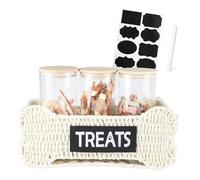 Ctomche Dog Treat Jar Set of 3,Airtight Dog Food Storage Container,Glass Puppy Treat Tin with Wicker Basket,Clear Pet Cat Biscuit Tin,Pet Food container with Bamboo Lid,Dry Cat Food Box for Kitchen