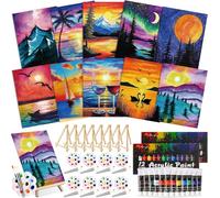 Ctosree 72 Pcs Paint and Sip Kit for Adults 8'' x 10'' Pre Drawn Canvas for Painting DIY Pre Printed Canvas for Party Favor Afro Acrylic Painting Kit Wood Easel Brushes Date Night Bulk(Colorful Sky)