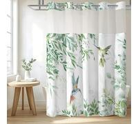 CTOTSYC No Hook Shower Curtain with Snap in Liner Sets, Light Green Hummingbird and Eucalyptus Leaf Design, Waterproof Washable Fabric Curtain with See Through Mesh Top Window for Bathroom 71x74 Inch