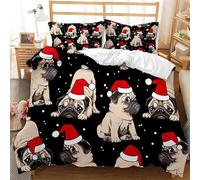 CTQTZ Christmas Pug Duvet Cover Set Single Size Cute Dog Bedding Set Black Red Brown for Kids Adult Bedspread Cover Room Decor 3Pcs With 2 Pillow Case