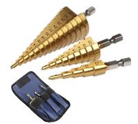 CTRLZS 3Pc Hss Step Cone Taper Drill Bit Set Hole Cutter Metric 4-12/20/32Mm 1/4 Inch Titanium Coated Metal Hex Bits