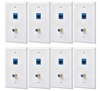 CTRLZS 8 Packs Ethernet Coax Wall Plate Outlet with 1 Cat6 Port and 1 Gold-Plated Coax F Type Port RJ45 Wall Plates