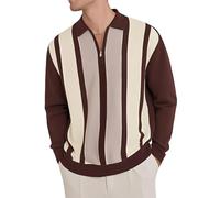 CTU Mens Polo Shirts Quarter Zip Jumper Knitted Sweater Long Sleeve Vintage Striped Warm Pullover Tops Brown XL