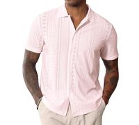 CTU Mens Short Sleeve Shirt Button Down Cuban Collared Shirts Casual Summer Beach Shirt Pink