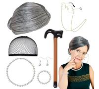 CTYUEYUN 8 Pcs Old Lady Costume Set,Including Old Lady Wig Glasses Pearl Earring Bracelet Necklace Inflatable Walking Stick,Old Lady Costume Accessories for Halloween Cosplay