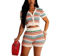 cu4eve Crochet Sets Two Piece Women Summer Causal Knit Short Sleeve Button Down Shirt and Shorts Matching Set Jumpsuit, Multicolor, S