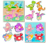 Cuackamily Wooden Puzzles for Toddlers, 2 PCS Wooden Toy Dinosaur Puzzles Toys, Montessori Early Educational Learning Toys for Kids, Birthday for 1 2 3+ Year Old Girls Boys Toddlers