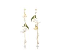 Cualque Lily Earrings 925 Sterling Silver Pearl Flower Drop Lily of the Valley Jewelry Pendant Petal Stud Dangle Statement Earring for Women Bride, Stainless Steel, No Gemstone