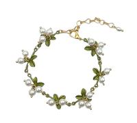 Cualque Lily of the Valley Bracelet Green Paint Valley Lily Leaves Jewelry Freshwater Pearl Vintage Bracelet for Women Bride