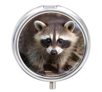 Cub Raccoon Pill Box, Travel Medicine Pill Case with Mirror, 3 Compartment Portable Round Pill Organizer, Weekly Medicine Pill Container Holder for Pocket Or Purse Daily Meds