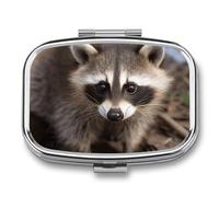 Cub Raccoon Pill Case for Travel, Rectangle Metal Pill Organizer with 2 Compartments, Portable Daily Medicine Box for Purse, Wallet
