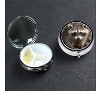 Cub Raccoon Round Pill Box 3 Compartment Cute Travel Pill Organizer Case Portable Medicine Vitamin Organizer Metal Pill Case for Women Men Travel Unique Gift