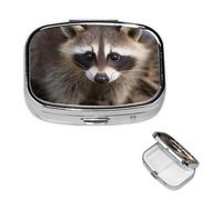 Cub Raccoon Square Metal Pill Box 2 Compartment Cute Travel Pill Organizer Case Portable Medicine Vitamin Organizer Pill Case for Women Men Travel Unique Gift