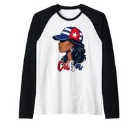 Cuba Portrait Woman Wearing Cuban Flag Cap and Hoop Earring Raglan Baseball Tee