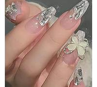 Cubahop 24pcs French Medium Crystal Fake Nails Nude Glossy Butterfly Flash Powder False Nails Rhinestone Love Press on Nails for Women and Girls (Nude 1)