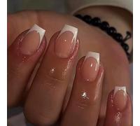 Cubahop 24pcs French Short Square Fake Nails Nude Pink Flower False Nails Rhinestone Butterfly Press on Nails for Women and Girls (Red 3)