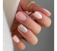 Cubahop 24pcs Square Fake Nails Nude False Nails Short GLITTER Press on Nails for Women and Girls