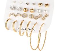 Cubahop Multiple Crystal Pearl Studs Hoop Earrings Set Ear Circle Love Crescent Earrings Pack Piercings for Women Girls (Gold)