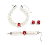 Cubahop Wedding Bride Pearl Gemstone Necklace Bracelets and Earring Set Crystal Necklace Party Wedding Jewelry Sets for Women and Girls (Red)