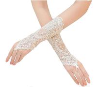 Cubahop Wedding Lace Crystal White Long Fingerless Gloves - Handmade for Bride