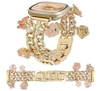 Cuban Chain Band Compatible with Fitbit Versa 4/Versa 3/Sense 2/Sense Smart Watch Band Women,Bling Diamond Chain Dressy Metal Strap with Cute Charms Pendants Wristband (A1-Gold Pink)