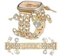 Cuban Chain Band Compatible with Fitbit Versa 4/Versa 3/Sense 2/Sense Smart Watch Band Women,Bling Diamond Chain Dressy Metal Strap with Cute Charms Pendants Wristband (A2-Bling Gold)