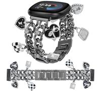 Cuban Chain Band Compatible with Fitbit Versa 4/Versa 3/Sense 2/Sense Smart Watch Band Women,Bling Diamond Chain Dressy Metal Strap with Cute Charms Pendants Wristband (A4-Black Black)