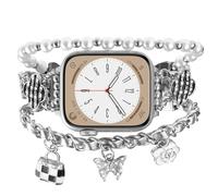 Cuban Chain Metal Band Compatible with Apple Watch Bands 38mm 40mm 41mm 42mm 44mm 45mm 46mm 49mm Women, Cowboy Link with Charms Pendants Jewelry Strap for iWatch Series 10 9 8 7 6 5-1 SE Ultra (Silver