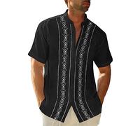 Cuban Guayabera Shirts for Men Short/Long Sleeve Casual Button Down Shirt Band Collar Beach Camp Mexican Shirt, 1-black, Large