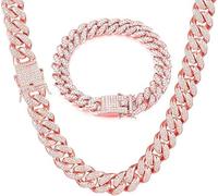 Cuban Link Chain for Men, Rose Gold Necklace and Bracelet, Miami Cuban Chains, Bling Diamond Chain for Hip Hop Jewelry