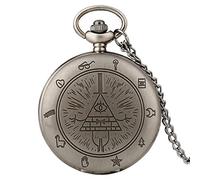 CUBANE Pocket Watch ，Vintage Watch ，Quartz Watch Eye of Providence Weird Town Triangle Devil Quartz Pocket Watch Gravity Bill Cipher Fall Time Gem Necklace Pendant,Black (Color : Retro Silver)