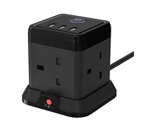 Cube Extension Lead with 3 USB Slots 13A 3250W Hulker 4 Gang Plug Socket with Switch 4 Way Power Strip with 3 USB Port 1.5M Extension Cord Black for Home Dorm Office Travel