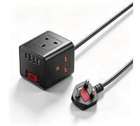 Cube Extension Lead with 4 USB Slots, 3 Way Multi Plug Extension Cable | Small Tower Extension Lead for Home, Office, Dorm Room, 2M, 10A/2500W,White (5V/2.1A )